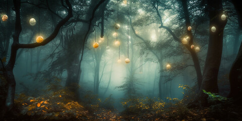 A mystical forest surrealism magical misty lighting Generative AI Digital Illustration Part#24032