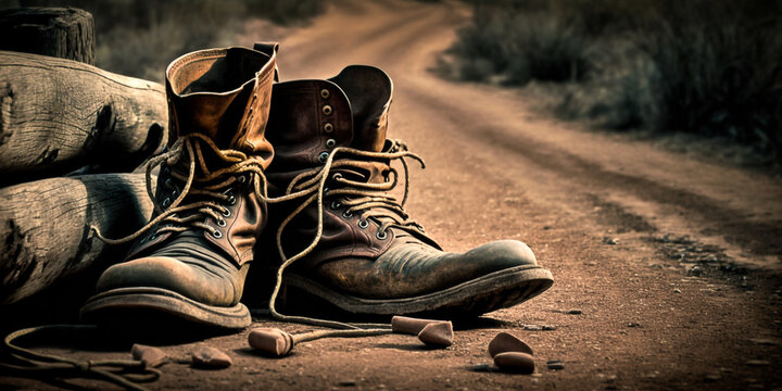 A pair of old boots on a dirt path rendered in a wester Generative AI Digital Illustration Part#24032