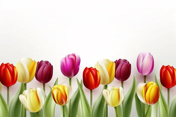 Tulips on a white background, colorful spring blooms, generative AI digital illustration