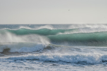 wave breaking on the sea during sunset