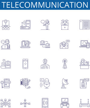 Telecommunication line icons signs set. Design collection of Telecom, Networking, Communication, Transmission, Wireless, VoIP, Radio, Antenna outline concept vector illustrations