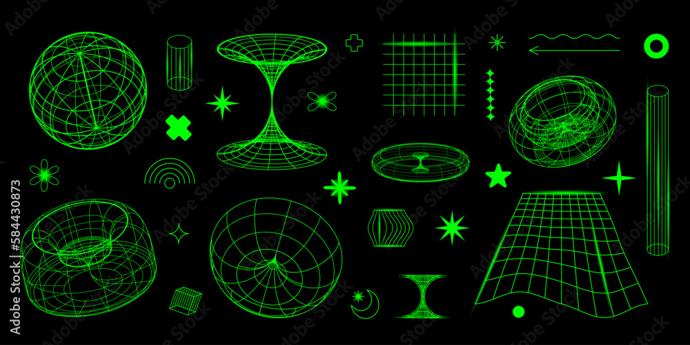 Aufkleber Y2k geometric wireframe shapes and grids in neon green. Abstract patterns, cyberpunk elements in trendy psychedelic rave style. Retro futuristic aesthetics vector illustration. EPS 10