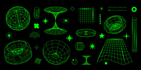 Y2k geometric wireframe shapes and grids in neon green. Abstract patterns, cyberpunk elements in trendy psychedelic rave style. Retro futuristic aesthetics vector illustration. EPS 10
