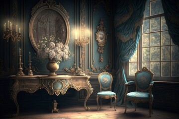 Rococo Architecture, stunning remarkable rococo, old interior, a room with chairs, vase with Flowers, room in blue colors, museum Generative AI