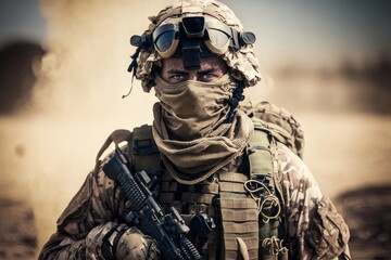 Fototapeta premium Army soldier in Combat Uniforms with assault rifle, war Generative AI