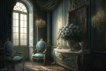 Rococo Architecture, stunning remarkable rococo, old interior, a room with chairs, vase with Flowers, room in blue colors, museum Generative AI


