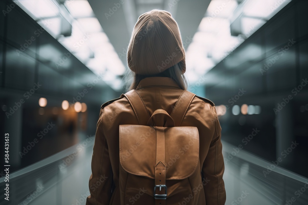 Poster a person with a backpack walking down a hallway in a building with lights on the ceiling and a perso