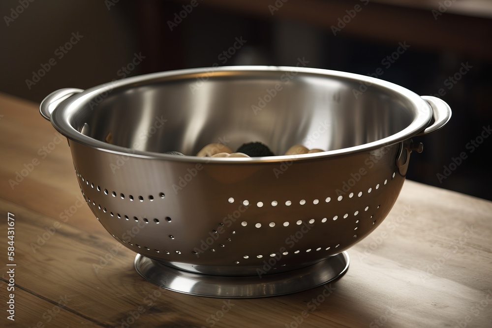 Poster a metal colander on a wooden table with a wooden table in the background and a blurry image of a bot