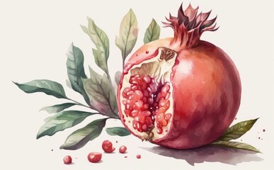 A drawn pomegranate on white background watercolor fruit organic food illustrations Generative AI