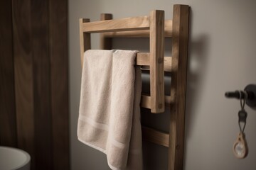 Fototapeta na wymiar a towel rack with a towel hanging from it's side next to a wall mounted hair dryer and a wooden towel rack with a towel hanging from it. generative ai