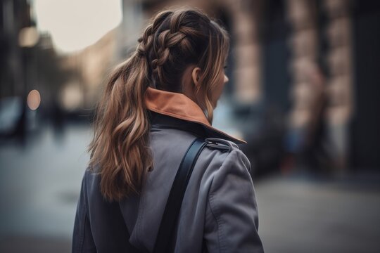  A Woman With A Braid In Her Hair Walking Down The Street With A Backpack On Her Back And A Backpack On Her Shoulder, Looking Away From The Camera.  Generative Ai