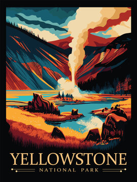 Vector illustration of colorful Yellowstone national park poster concept.