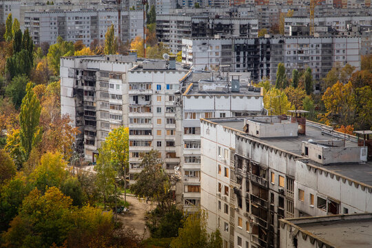 Destroyed and burned multi-apartment residential buildings after rocket attack. Residential area Saltivka in Kharkiv city, Ukraine. Russian War against Ukraine