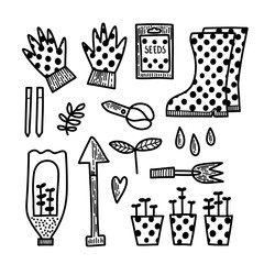 Vector set of elements. Spring summer gardening collection in doodle hand drawn style. Equipment for Growing plants watering can, boots, seeds, gloves, vegetables, seedlings. Nature, garden
