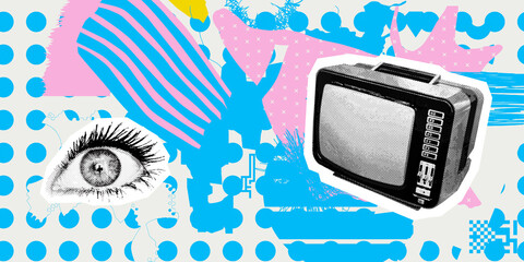 Contemporary digital collage art. Modern trippy design. Retro tv news and eye.