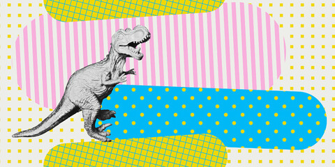 Contemporary digital collage art. Modern trippy design. Aggressive dinosaur and abstract background