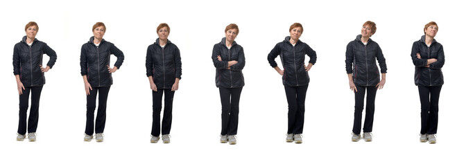 front view of a same woman clothing in sportswear and onorak on white background