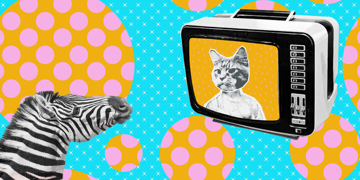 Contemporary digital collage art. Modern trippy design. Zebra and retro news