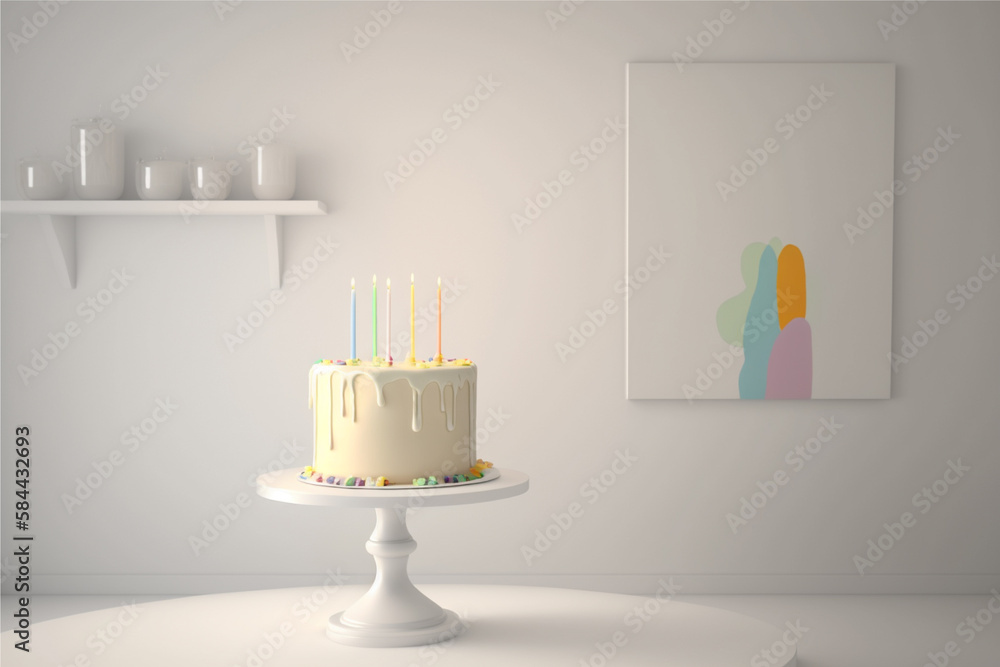 Poster stand with birthday cake and candles on table against light wall created with generative ai technolo