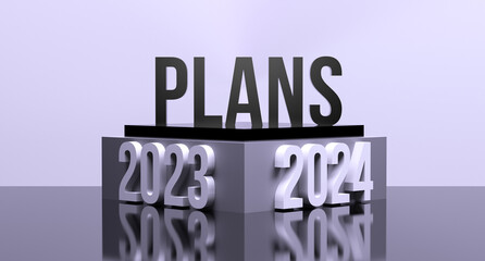 PLANS 2023-2024 concept word on podium, wallpaper. Motivational banner PLAN for 2023 and 2024 calendar years. 3D render.