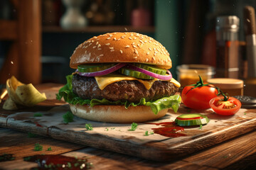 Juicy Beef Burger on rustic Wooden Table
