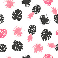 Seamless tropical pattern with pineapples and exotic leaves