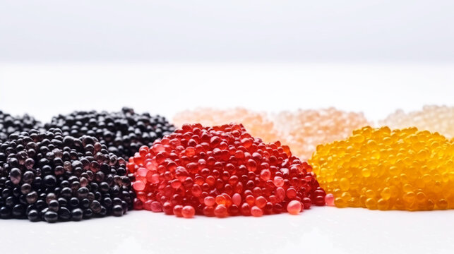 Black, yellow and pink sturgeon caviar in bulk on a white background. AI generated.
