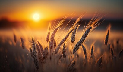  a field of wheat at sunset with the sun in the background.  generative ai