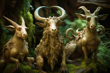 Forest deities mythological goats with horns, creature from legends. AI generated.