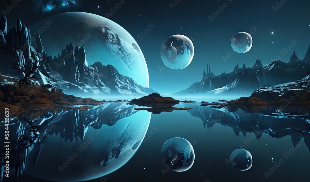 Poster a group of planets floating in the sky over a lake. generative ai