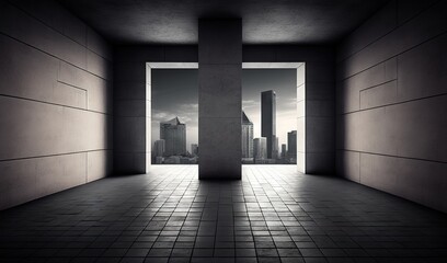  an empty room with two doors leading to a cityscape.  generative ai