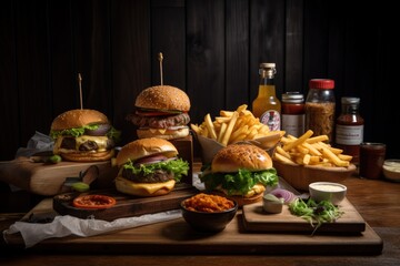 Fototapeta na wymiar Juicy Beef Burger on rustic Wooden Table