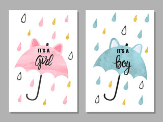 Baby shower boy and girl card set. Watercolor invitation cards design with cute umbrellas