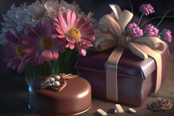 Flowers in a vase and gifts on a wooden table. AI generative.