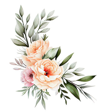 watercolor abstract corner spring floral peonies with pastel color for greeting wedding card logo pattern textile isolated on Transparent png background, Generative ai