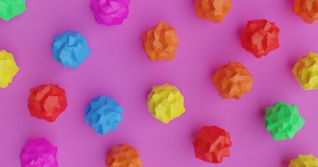 Multicolored crumpled paper on pink background, blue orange red purple yellow green low poly ball, 3d rendering