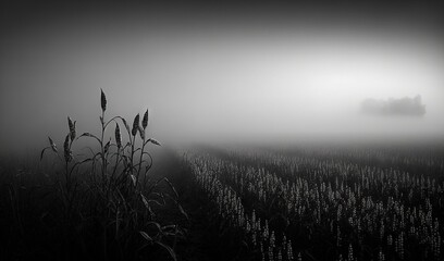 Obraz na płótnie Canvas a black and white photo of a foggy field with tall grass. generative ai