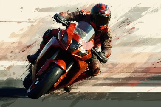  a painting of a person riding a motorcycle on a track with a red helmet and a red and white jacket on and a white background.  generative ai
