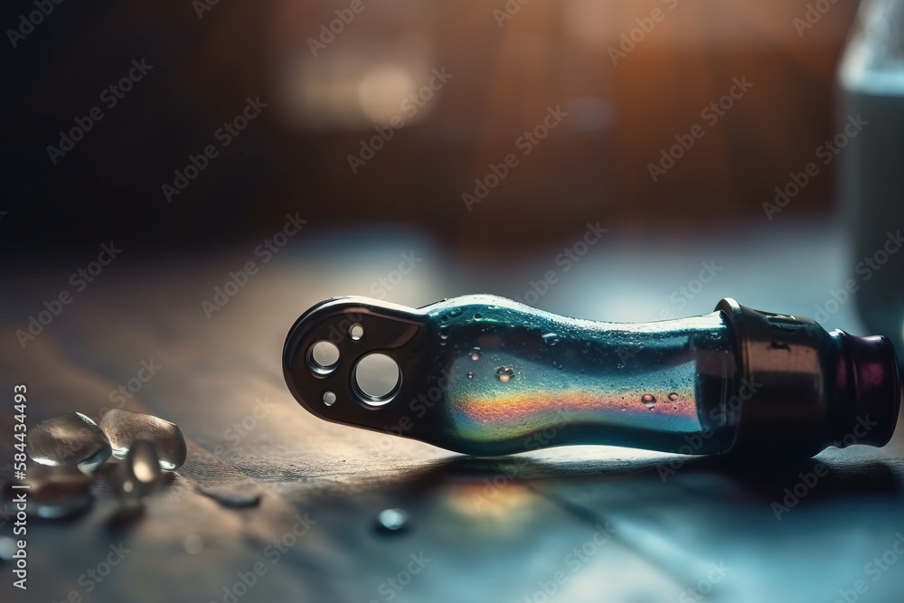 Poster a close up of a glass bottle on a table with water droplets around it and a glass bottle in the back
