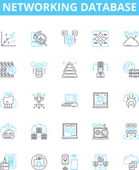 Networking database vector line icons set. Network, Database, SQL, Connection, Table, Schema, Keys illustration outline concept symbols and signs