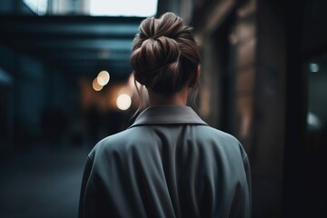  a woman with a bun in her hair standing in a dark alleyway with lights in the background and a building in the foreground.  generative ai