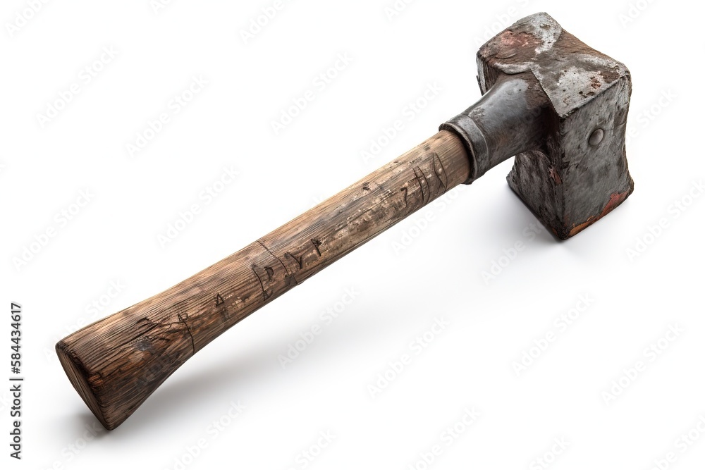Poster an old hammer with a wooden handle on a white background with a shadow of the hammer on the side of 