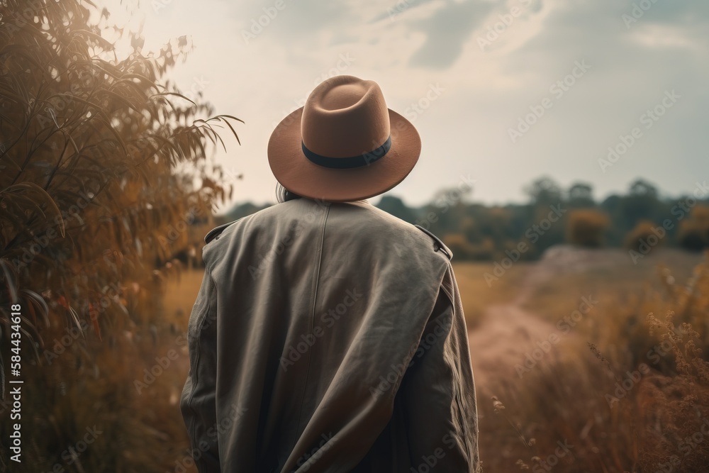 Poster a man in a hat is walking through a field of tall grass and tall grass with trees in the background 