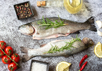 raw trout with spices on stone background