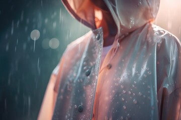 Fototapeta na wymiar a person in a raincoat standing in the rain with a hood up and rain drops all over their face and body, and the rain is falling down. generative ai