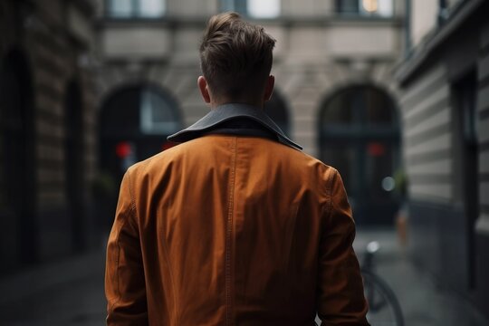  A Man In A Brown Jacket Walking Down A Street Next To A Tall Building With A Clock On The Side Of The Building And A Red Traffic Light.  Generative Ai