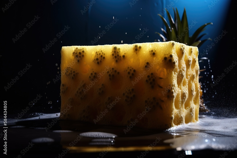 Poster a piece of sponge with a pineapple in the middle of the block of soap on a black surface with water 
