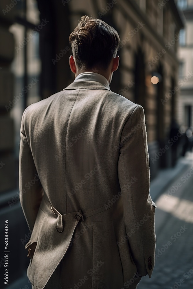Poster a man in a suit walking down a street next to a tall building with a clock on the side of it's face 