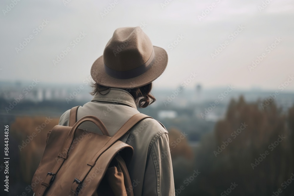 Poster a person with a backpack and a hat looking out over a cityscape in the distance with trees and build