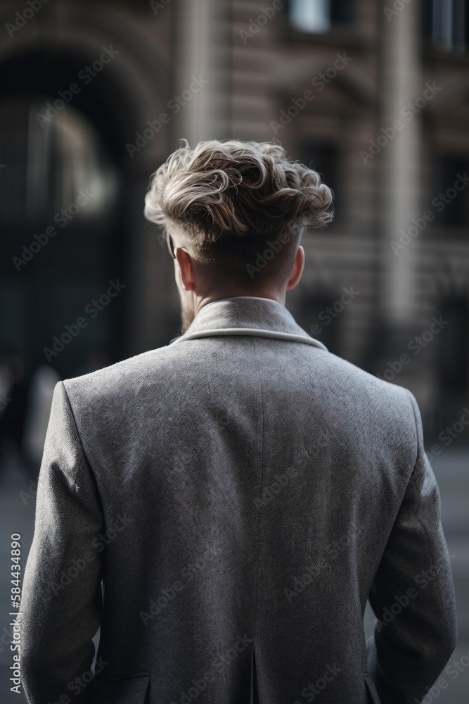 Poster a man in a suit walking down a street with a building in the backgrouf of his head and a building in